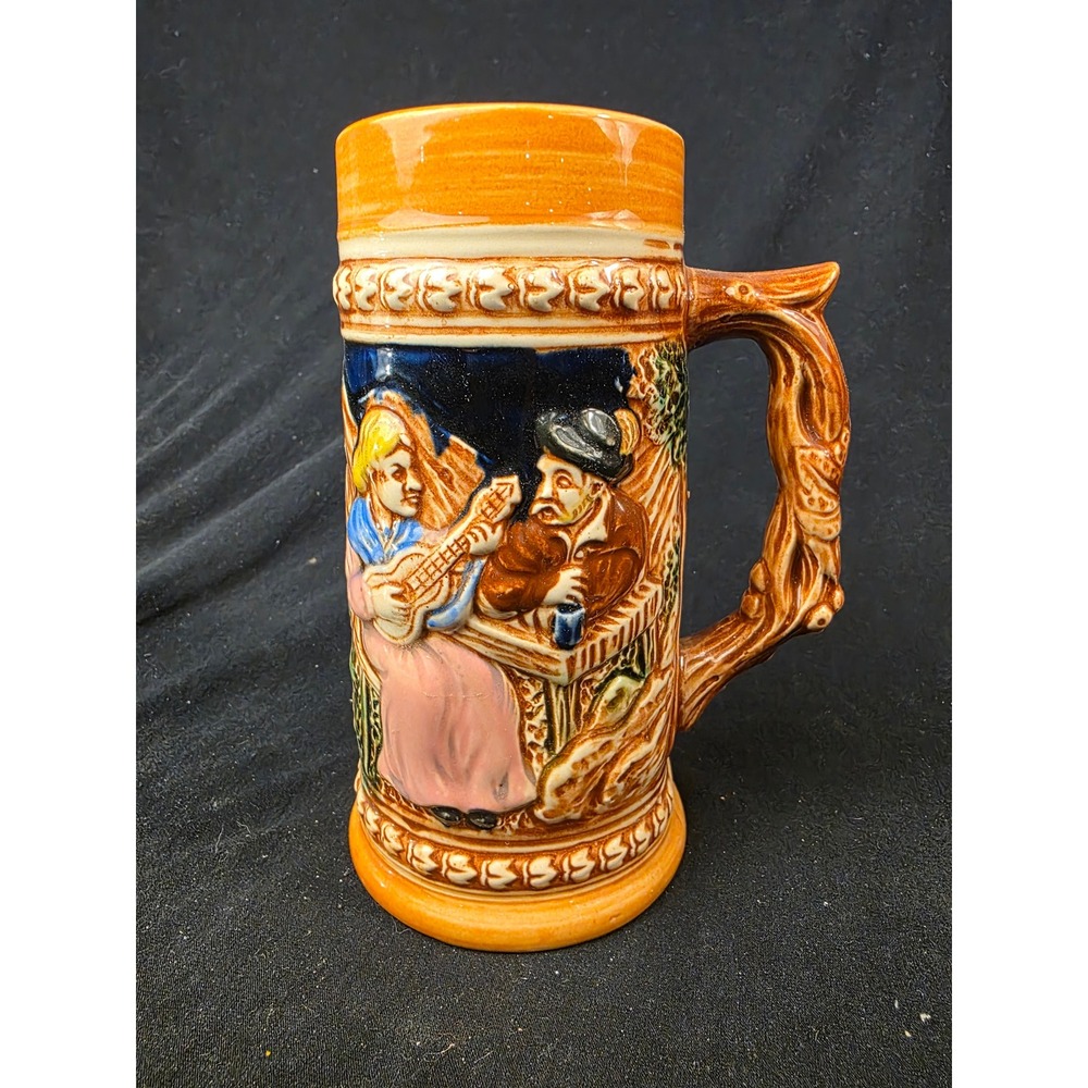 Vintage Japan Ceramic Beer Stein Relief German Village Scene Castle 7 Inch Mug